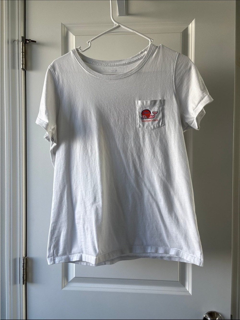 Vineyard Vines Florida Gators White Pocket Tee with Pink Whale and Orange Helmet